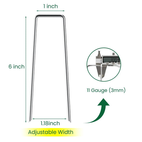 Front view of Beefy 6 Inch Galvanized Steel Garden Stakes Staples U Shaped Ground Pegs For Securing Weed Fabric Landscape Netting Ground Sheets And Fleece Anti Rust Outdoor Lawn Yard Stakes Pack Of 10.