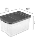 Modular Clear 76 Qt Storage Box Stackers, Stackable Plastic Organizer With Locking Lids, grey 76 qt with dimensions shown