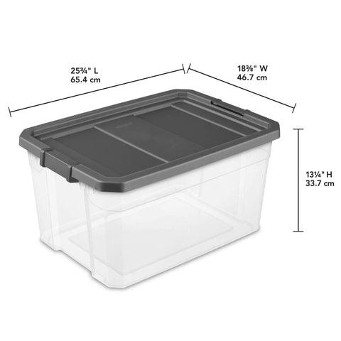 Modular Clear 76 Qt Storage Box Stackers, Stackable Plastic Organizer With Locking Lids, grey 76 qt with dimensions shown