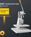 Heavy Duty Manual Die Cutting Press 1 Ton Benchtop Flatbed Workhorse For Stamping Embossing Bearing Installation Knuckle Saver Pro Grade Shop Gear White with 346° unobstructed feed angle.