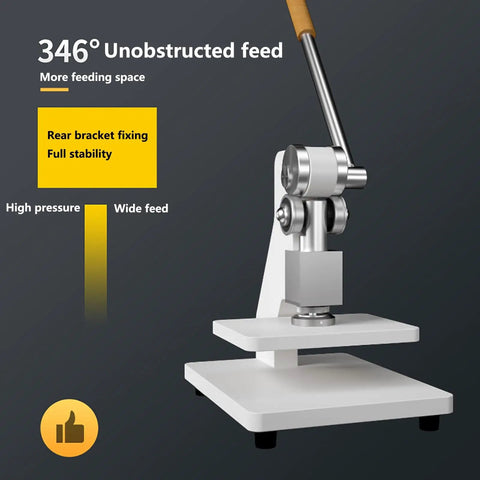Heavy Duty Manual Die Cutting Press 1 Ton Benchtop Flatbed Workhorse For Stamping Embossing Bearing Installation Knuckle Saver Pro Grade Shop Gear White with 346° unobstructed feed angle.