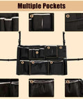 Upgraded Large Trash Can Caddy Bag With Multi Pocket Organizer For 32 To 55 Gallon Bins Turns Your Garbage Bin Into A Mobile Cleaning Station Ideal For House Cleaners And Janitorial Duties Gray Edge showing multiple storage pockets.