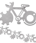 Do It All 14-In-1 Bicycle Multitool Card with Stainless Steel including keychain tools, shown in silver bike shape.