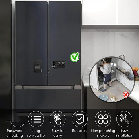 2 Pack Safety Fridge And Freezer Locks With Password Unlocking on black fridge, childproof, self adhesive, no drilling needed, easy install