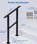 Rock Solid Galvanized Steel Stair Railing With Adjustable Outdoor Handrail Designed For One Or Two Steps Featuring Corrosion Resistant Finish And Quick Install For Front Porches with product dimensions and installation details.