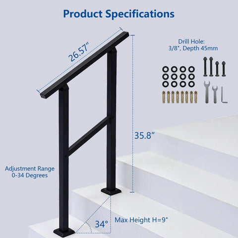 Rock Solid Galvanized Steel Stair Railing With Adjustable Outdoor Handrail Designed For One Or Two Steps Featuring Corrosion Resistant Finish And Quick Install For Front Porches with product dimensions and installation details.