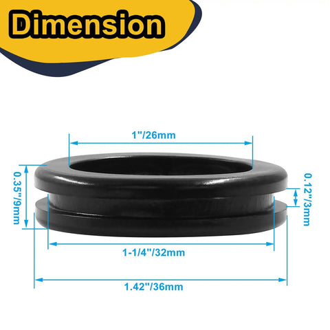 Image shows Six Pack 1 Inch Inner Diameter And 1 1/4 Inch Drill Hole Rubber Grommets Double Sided Firewall Hole Plugs dimensions.