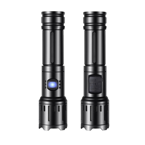 Black Ultra Bright 990000 Lumen USB Rechargeable Flashlight with Zoomable Beam, front and back view, rugged shell design.