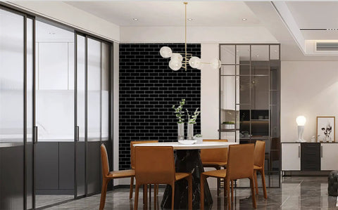 Dining room with Dope Brick Pattern Peel And Stick Wallpaper Vinyl Roll Self Adhesive For Kitchen Subway Plaid Modern Tile Look Removable And Easy To Install 393 Inches By 17.7 Inches on feature wall.