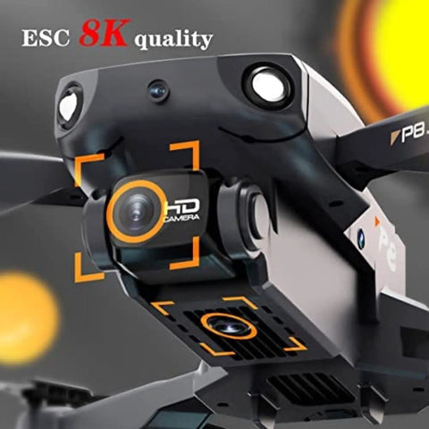 Close-up of Dope 8K Dual Camera Drone with Real Time 5G Transmission, showing front 8K camera detail and dual bottom cameras.