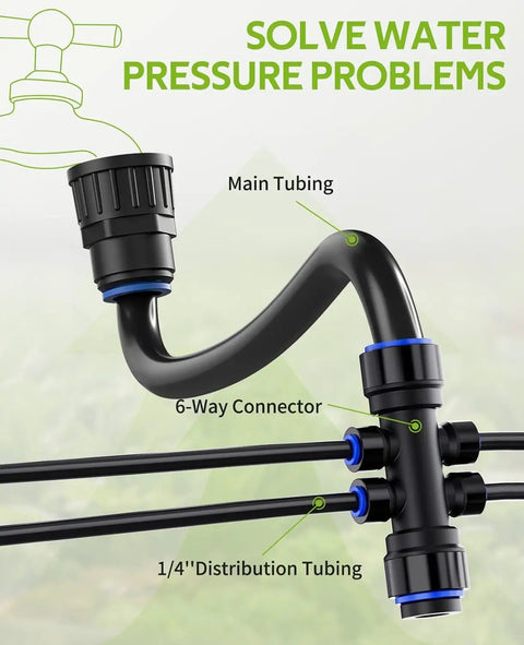 59Ft Drip Irrigation Kit For Plants With New Quick Connect And Blank Distribution Tubing, 6 Way Connector, Main Tubing