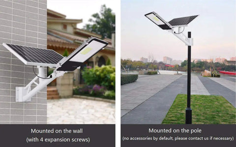 JUDYSSY 30W Solar Street Light mounted on a wall and pole, showcasing installation options for outdoor use.