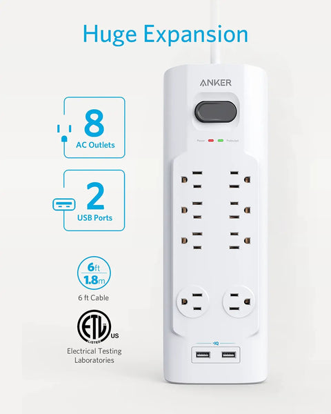 Power Strip Surge Protector With USB, 6 Foot Extension Cord, 8 Outlets And 2 USB Ports, Flat Plug, PowerIQ, Home Office Setup, 1200 Joules
