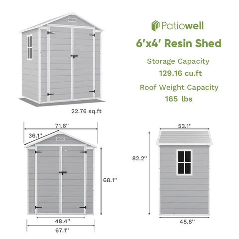 Diagram of 6x4 Ft Resin Outdoor Storage Shed With Floor Lockable Door Weatherproof Plastic Shed dimensions and capacities