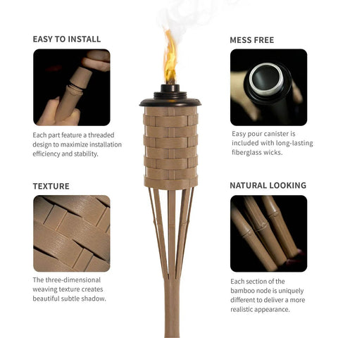 Citronella Bamboo Torches 4 Pack in Brown, 60 Inch Tall Outdoor Lighting Stakes with metal canister and natural texture.