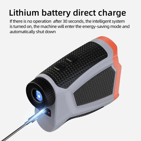 Golf Rangefinder With Slope, Magnetic Side Mount, USB C Rechargeable connected to charger, showcasing smart power saving.