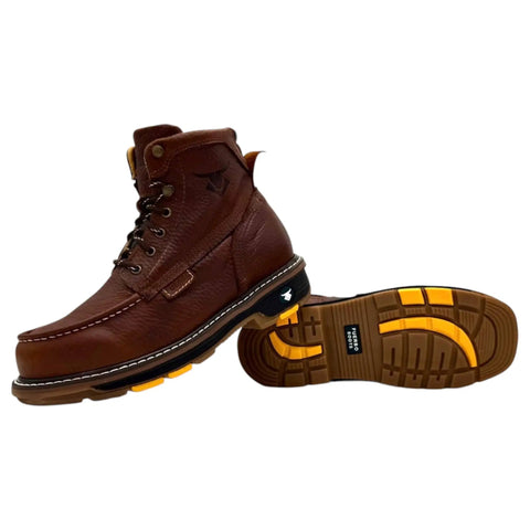 Six Inch Moc Toe Work Boots For Men In Ocre Brown Full Grain Leather, Oil Resistant, Slip Resistant Traction, Soft Toe, Durable Traditional Welted Construction, Handcrafted Heavy Duty Industrial Boots