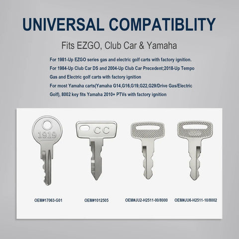Top Shelf Universal Golf Cart Key Set Including Eight Heavy Duty Replacement Keys Plus Four Slick Rings For Ezgo Club Car Yamaha Carts image showing compatible keys for multiple models.