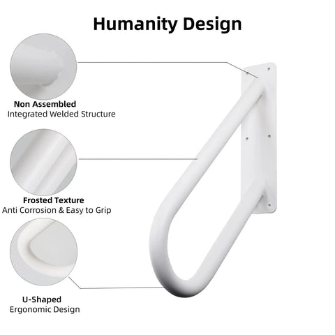 18 Inch Tough As Nails Metal Outdoor Handrail U Shaped White Powder Coated Wall Mount Stair Railing With Non Slip Grip Solid Frame Built Different For Patio Deck Steps close-up view showing ergonomic design and welded structure.