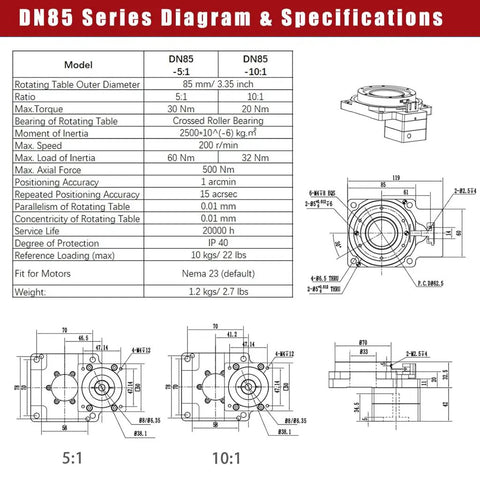 Technical diagram for Hollow Rotary Actuator Built Tough With 10 To 1 Gear Ratio And Nema 23 Stepper Motor For Precision Positioning.