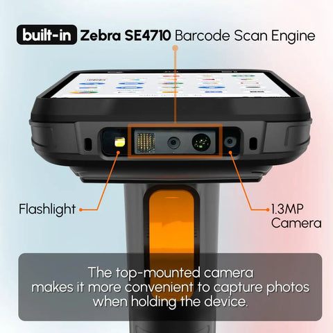 Workhorse Android Barcode Scanner With Pistol Grip Equipped With SE4710 Engine showing display, flashlight, and 1.3MP camera