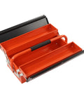 Portable Cantilever Toolbox With Retractable 3 Tray Metal Rolling Organizer For Heavy Duty Workshop Garage Storage showing three orange metal trays.