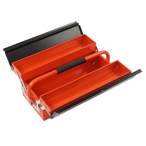 Portable Cantilever Toolbox With Retractable 3 Tray Metal Rolling Organizer For Heavy Duty Workshop Garage Storage showing three orange metal trays.