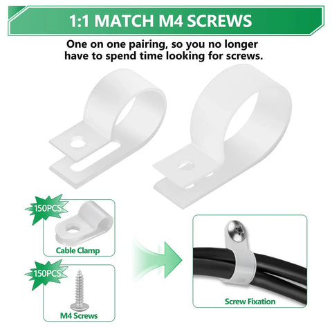 Heavy Duty Nylon Cable Clips Set For Cable Management Six Sizes With 290 Pieces White R Type Cord Fasteners Screw Mount Kit Includes M4 Screws
