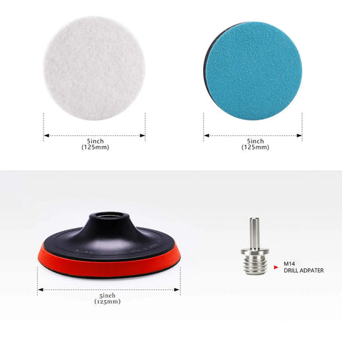 5 Inch Glass Polishing Pad Kit with wool felt discs, buffing pads, backing pad, and M14 drill adapter for rotary tools