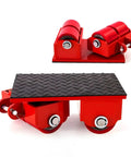 Heavy Duty Machinery Skates With Smooth Rolling Polyurethane Wheels No Handle Industrial Dolly System Built Like A Tank For Warehouse And Shop Move Big Gear Quick And Easy, red dolly with rubber surface and rollers.