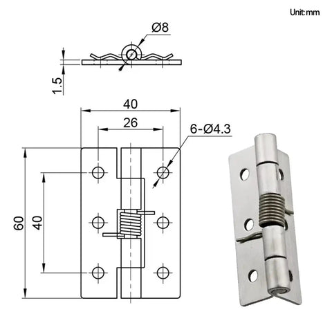 Automatic Spring Hinge Hardware With Fast Resetting Mechanism Smooth Self Closing Design specifications diagram and dimensions.
