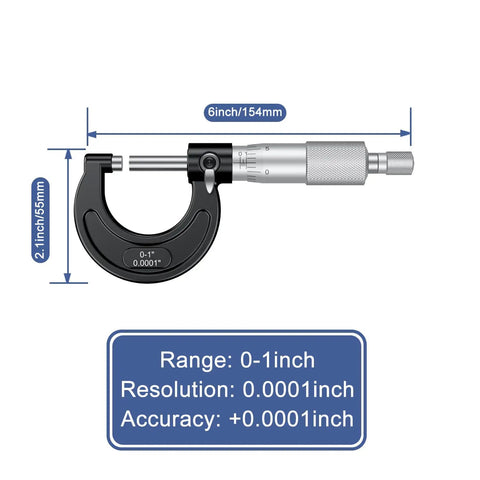 Pro Grade Outside Micrometer 0-1 Inch Range With 0.0001 Inch Precision Machinist Tool Featuring Zero Wrench Durable Baked Enamel Finish Black Exterior with dimensions