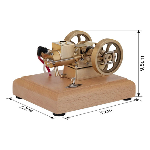 Top Tier Miniature Hit And Miss Engine 1.6cc Horizontal Four Stroke Gasoline Motor on wood base with brass details