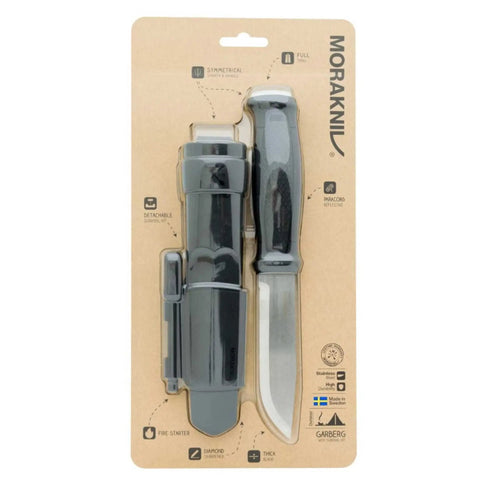 Go To Survival Fixed Blade Knife With Full Tang, Tough As Nails Bushcraft Ready, Swedish Stainless Steel 0.13 Inch Thick Blade, packaged with sheath and fire starter kit.