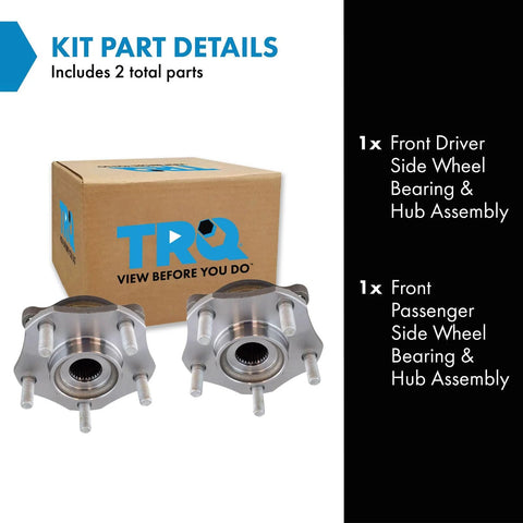 Image of Two Piece Front Wheel Bearing And Hub Assembly Kit For Nissan Rogue 2014 Through 2023 And Rogue Sport 2017 Through 2022, showing driver and passenger side parts with packaging.