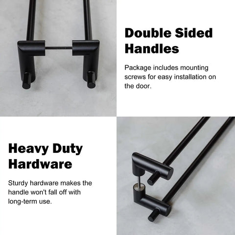 Extra Long Door Pull Handles Black Or Gold, Double Sided Push Pull Gate Handles With Round Bar Design, Front Door Hardware In Beefy Stainless Steel, Length 150 cm Or 59 Inches, Commercial Grade, close-up of installation and features.