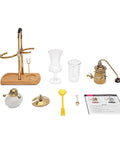 Royal Belgian Siphon Coffee Maker In Gold Retro Siphon Brewer for rich clean tasting coffee, disassembled view with components on display