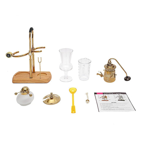 Royal Belgian Siphon Coffee Maker In Gold Retro Siphon Brewer for rich clean tasting coffee, disassembled view with components on display