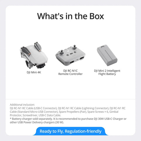 Drone kit showing DJI Mini 4K, remote controller, and battery with focus on Under 249 G 4K Drone With 3 Axis Gimbal Stabilization.
