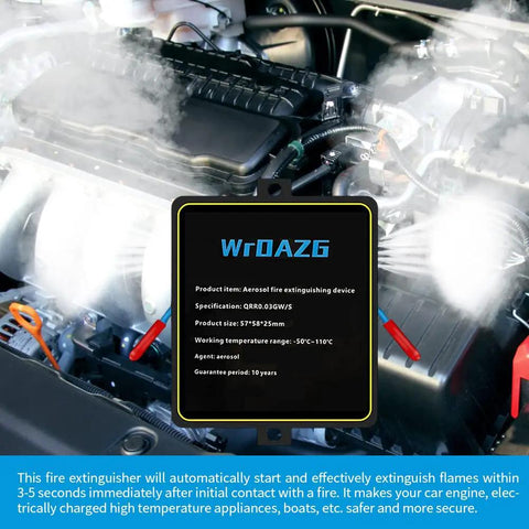 Compact Auto Fire Extinguisher That Activates In Three To Five Seconds For Cars Boats And Electrical Panels Eco Friendly And Clean Fire Suppression For Engine Compartments Cabins And Small Spaces Easy Automatic Safety Gear You Can Trust, shown installed in car engine compartment.