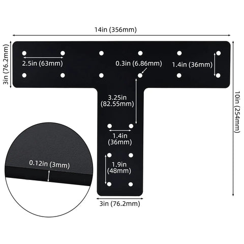Heavy Duty T Post Bracket For 4x4 Lumber, 14 By 10 Inch Steel Mending Plate For Post To Beam Connectors, Pergola Truss Bracket, One Eighth Inch Thick, Built Tough, Black Powder Coated Steel, Rust Resistant