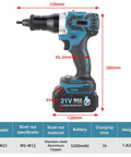 A Straight Up Badass Cordless Electric Rivet Nut Gun Set Built With Automatic M3 To M12 Ram Head Specs, showcasing dimensions and specs.