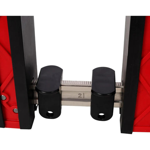 Close-up of Parallel Clamp Kit Tools Set with 24-inch clamp showing red jaws and black handles, heavy duty workholding tool.