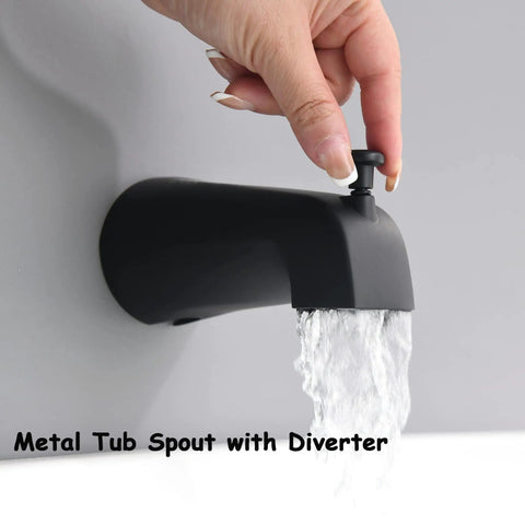 Matte Black Tub And Shower Faucet Combo With Dual Shower System with metal tub spout and diverter in use