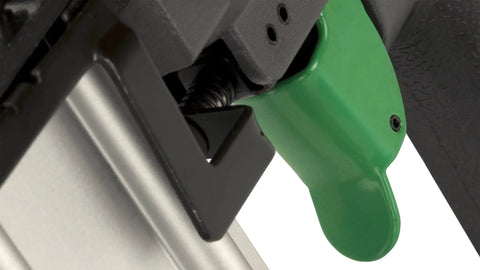 Close-up of the trigger safety mechanism on Top Shelf Pneumatic Brad Nailer Heavy Duty Compressed Air Wood Nail Gun.