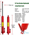 Heavy Duty 12 Ton Hydraulic Long Ram Jack With Handle for Engine Lifts and Cranes, red steel, high lift capacity.