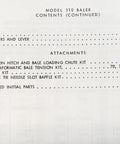 Contents page with parts list from Parts Catalog And Service Manual For Model 310 Baler Small Square Hay Baler With Schematic Exploded Views