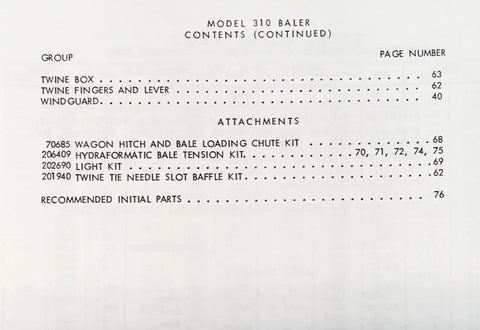 Contents page with parts list from Parts Catalog And Service Manual For Model 310 Baler Small Square Hay Baler With Schematic Exploded Views