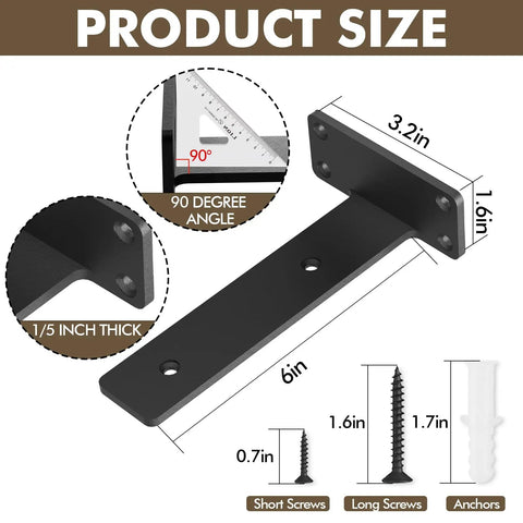 Diagram of 6 Pack Beefy Heavy Duty Shelf Brackets 6 Inch Floating L Shaped Wall Shelf Brackets One Fifth Inch Thick Hidden And Decorative Black Iron Rust Resistant