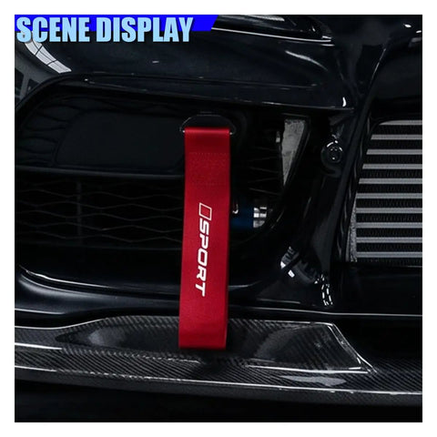 Custom Red Deco Tow Strap For Car Bumper And Trunk, Stylish Trailer Belt plus Towing Rope auto exterior bling displayed on vehicle.